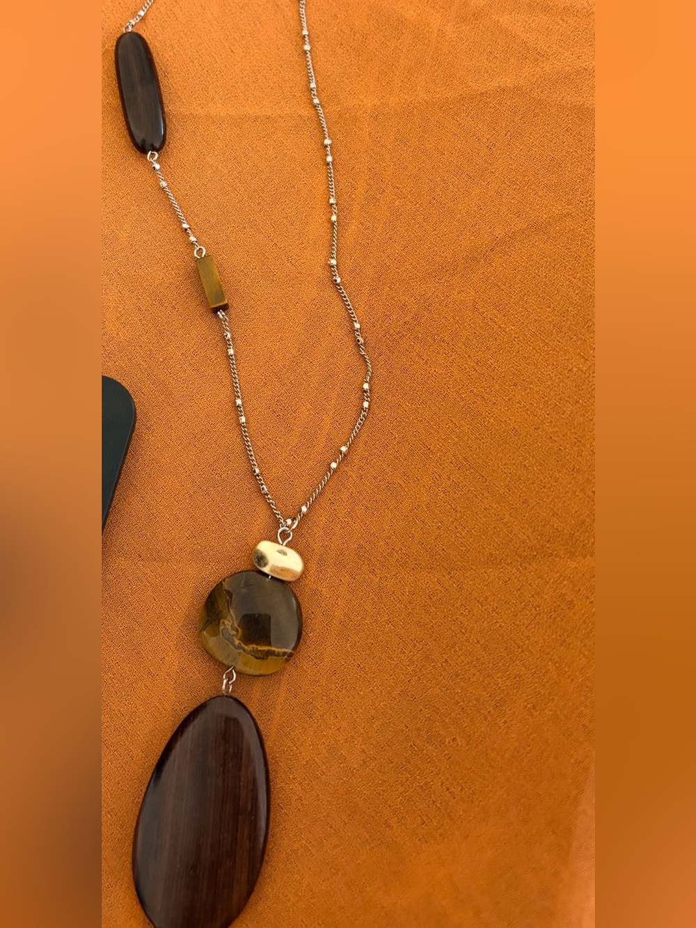 Tiger Eye Pendant Necklace with Silver Chain and Brown Stone Accents